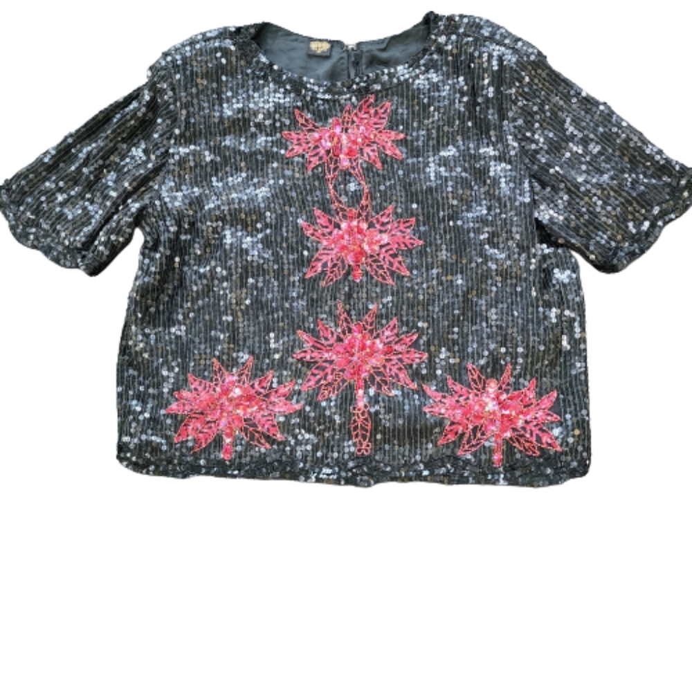 Womens XL Black Sequin Beaded Red Floral 100% Silk Glamourcore Mob WifeTop